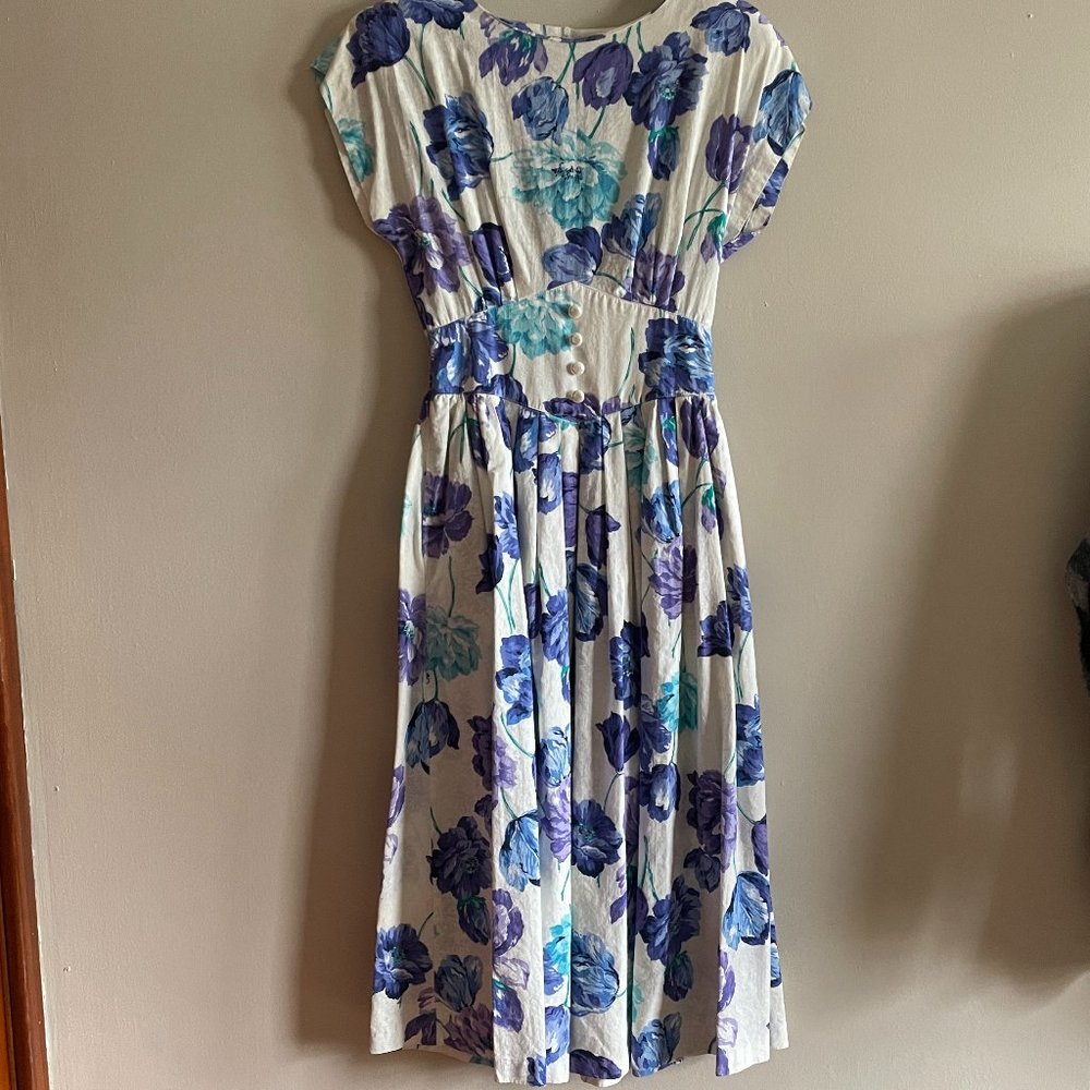 Vintage 80s Jessica Howard Floral Flower Pattern Fit & Flare Cotton Dress